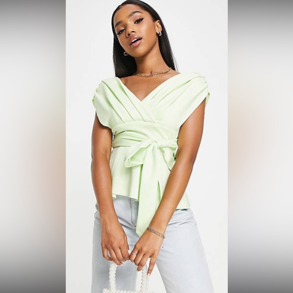 ASOS Lime Green Off Shoulder Wrap Blouse with Tie Front
